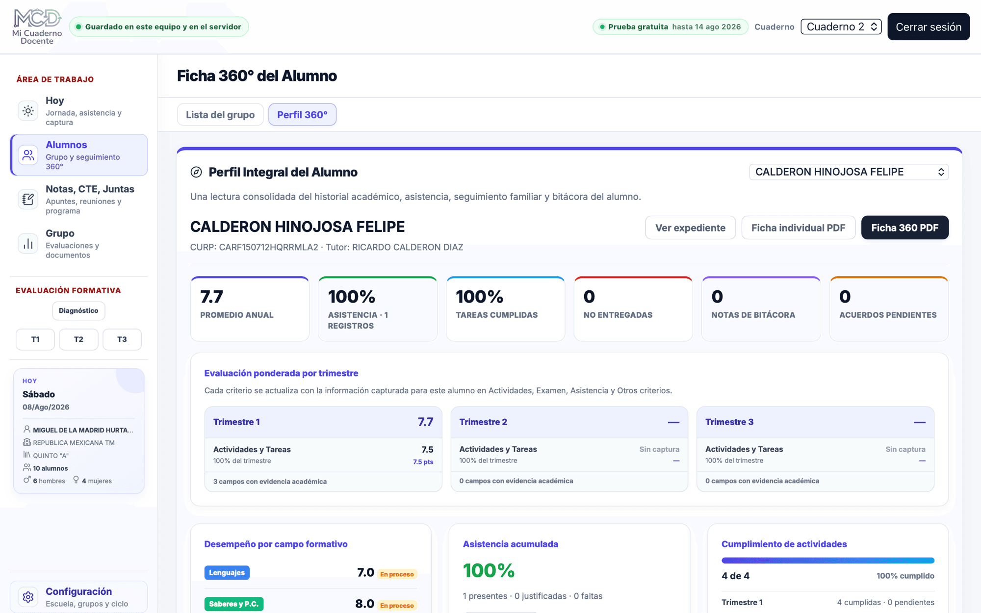 Ficha 360 real con promedio, asistencia, tareas y evaluación ponderada
