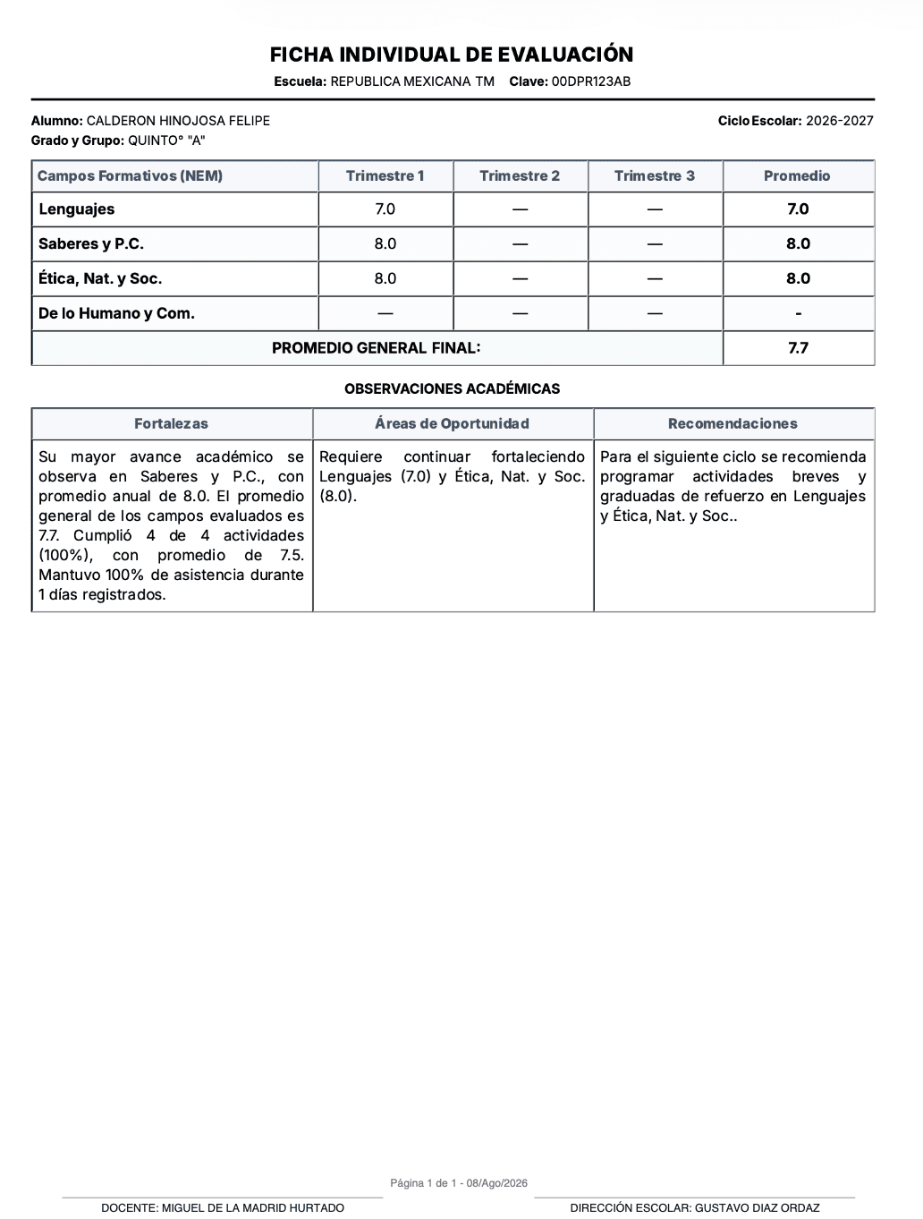 Ficha Individual de evaluación real lista para imprimir