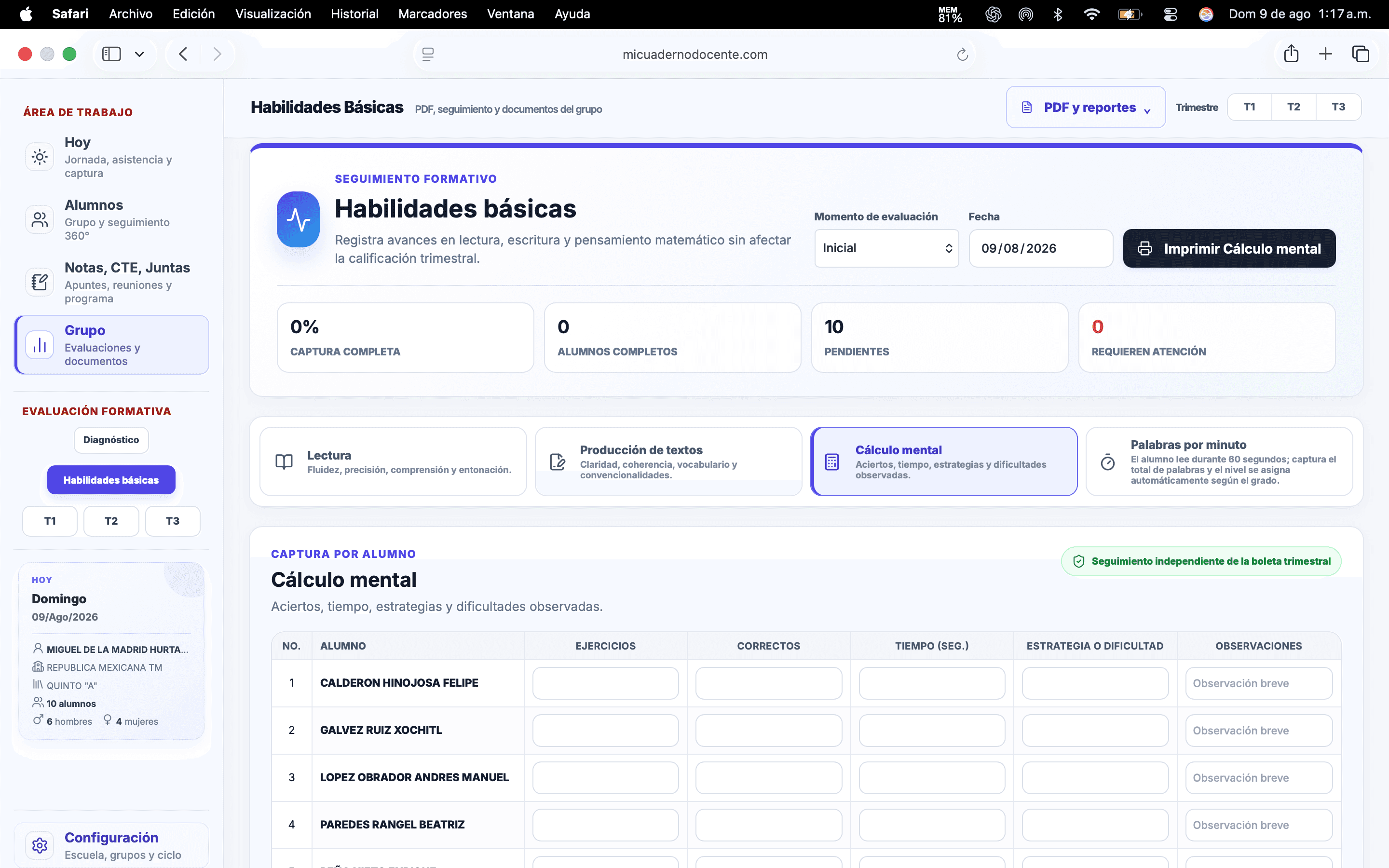 Pantalla real de Habilidades básicas para registrar ejercicios, aciertos, tiempo, estrategias y dificultades