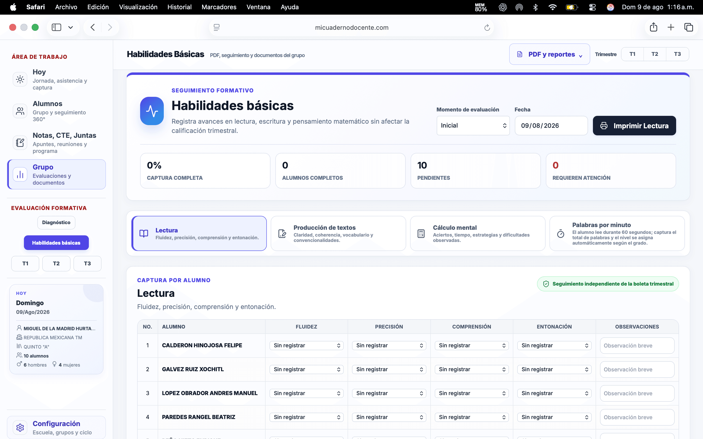 Pantalla real de Habilidades básicas para registrar fluidez, precisión, comprensión y entonación