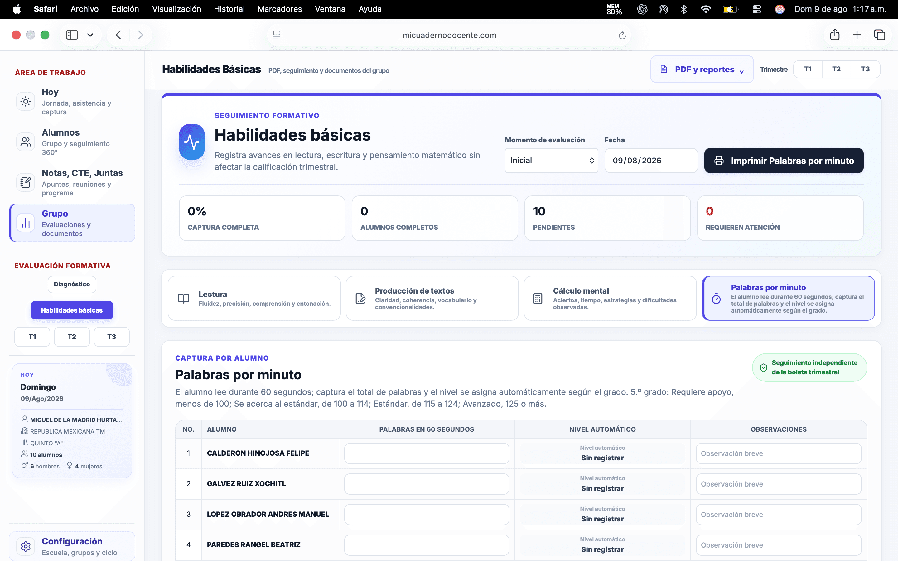 Pantalla real de Habilidades básicas con captura de palabras leídas en 60 segundos y nivel automático según el grado