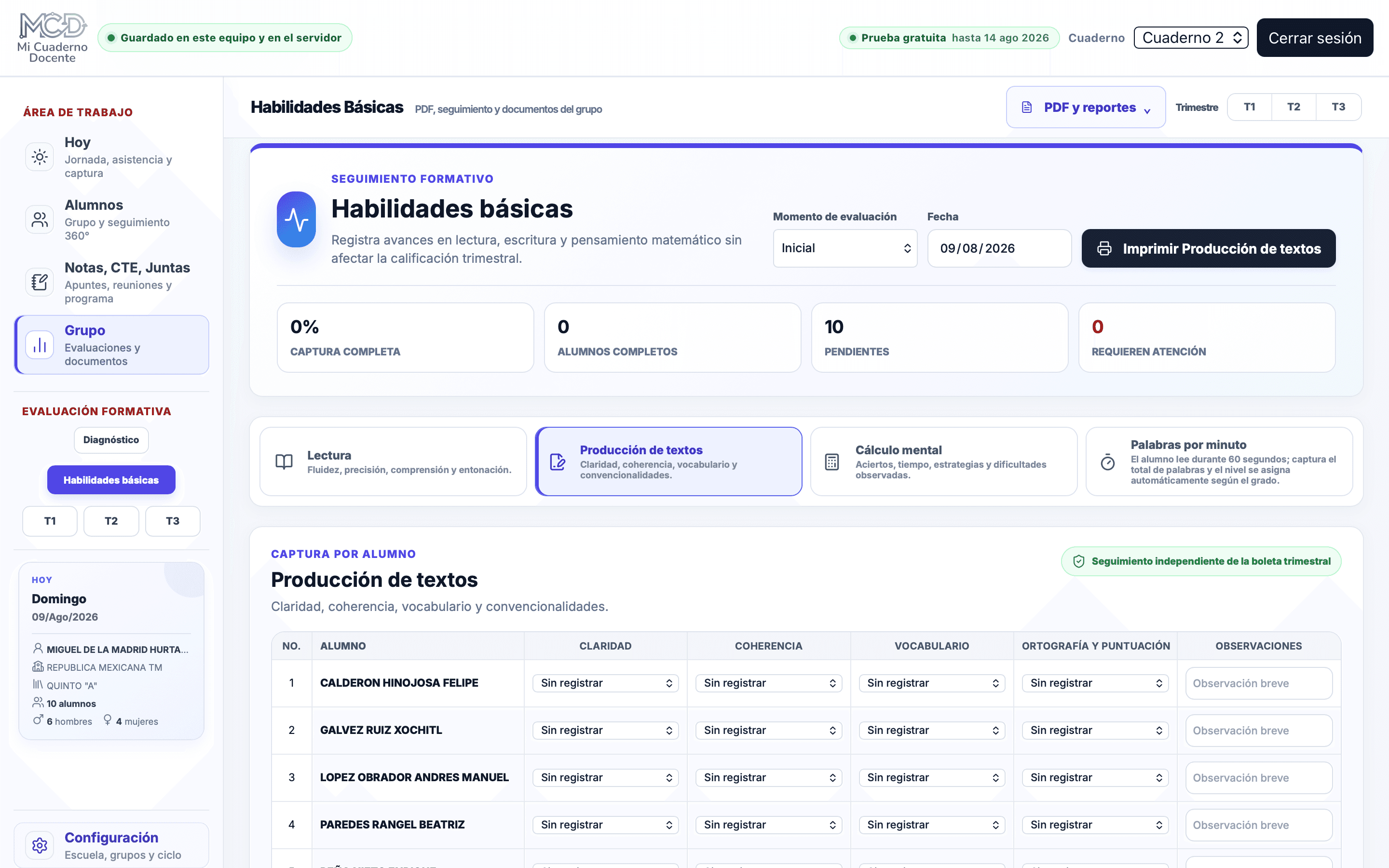 Pantalla real de Habilidades básicas para registrar claridad, coherencia, vocabulario, ortografía y puntuación