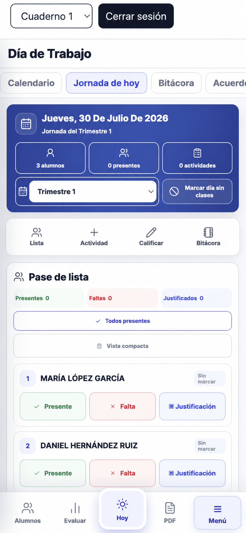 Interfaz real del pase de lista de Mi Cuaderno Docente en un teléfono