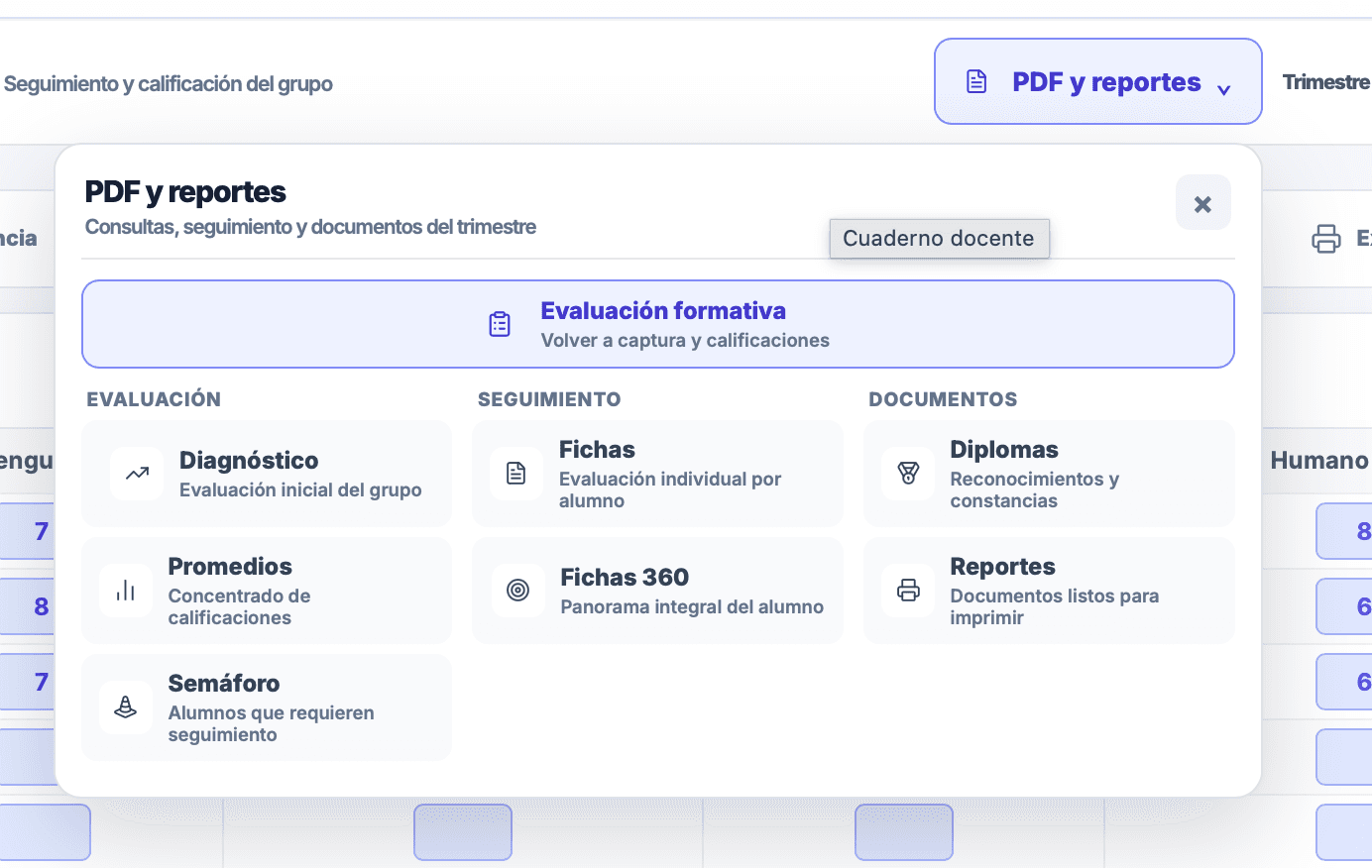 Menú real de PDF y reportes con diagnóstico, fichas, diplomas y documentos
